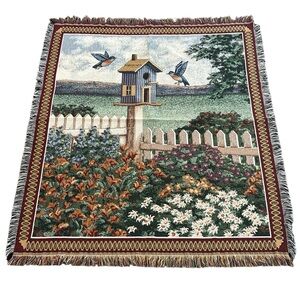 American Weavers Throw Blanket Tapestry Flying Birds Birdhouse Garden 58”x48”